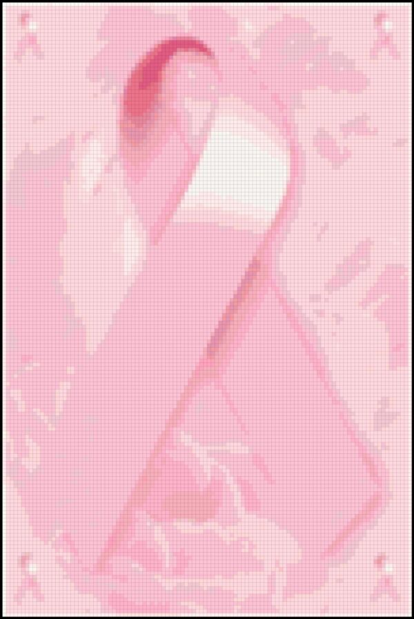 This pattern is a simple pink ribbon representing breast cancer survivers. The pattern calls for about 25 colors of DMC Floss.