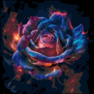 This original cross stitch pattern features a vibrant, cosmic rose blooming against a dark background. Its petals are awash in a kaleidoscope of colors, reminiscent of a nebula or galaxy. The center of the rose glows with a warm, almost fiery hue, while the outer petals blend into shades of deep blue and purple. The overall effect is one of ethereal beauty and otherworldly wonder.