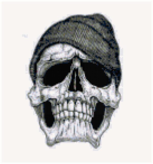 This pattern is of a skull with a hoodie on its head. The pattern calls for about 25 colors of DMC Floss.