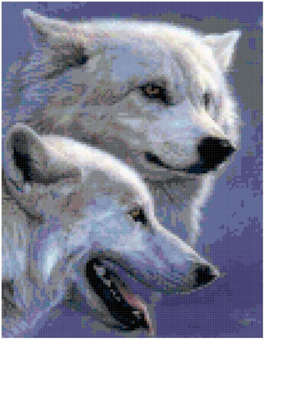 This pattern is of Two Snow Wolves - one in a side view and one more of a full facial portrait. The pattern calls for about 65 colors of DMC Floss.