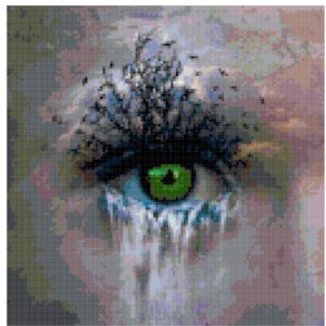 A virtual representation of the finished "Eye of the Earth" counted cross stitch pattern. The design features a detailed green eye with a cascading waterfall flowing from the bottom lashes. Lush trees and a clear blue sky emerge from the top of the eye.