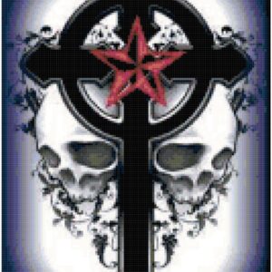 This pattern is a blackened Gothic cross with a Star toward its top. On each side of the cross are skulls. Surrounding the cross and the skulls are blackened leaves and vines. The pattern calls for about 50 colors of DMC Floss.