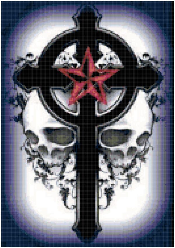 This pattern is a blackened Gothic cross with a Star toward its top. On each side of the cross are skulls. Surrounding the cross and the skulls are blackened leaves and vines. The pattern calls for about 50 colors of DMC Floss.