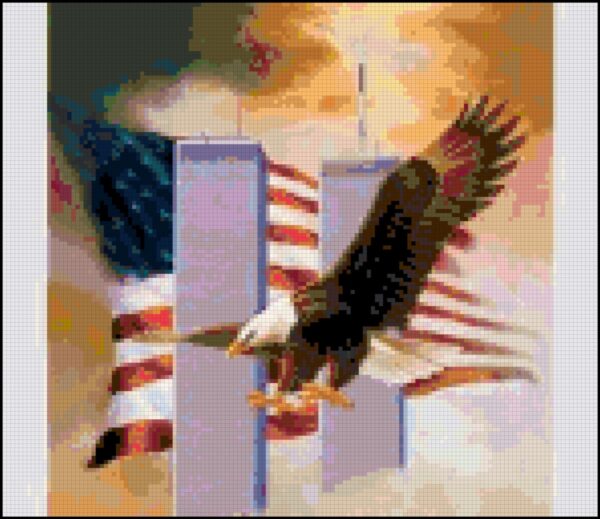 This pattern is in remembrance of September 11, 2001. It has the American flag in the background, with the twin towers of the World Trade Center in front of it. Flying across the scene is an American Bald Eagle. The pattern calls for about 85 colors of DMC Floss.