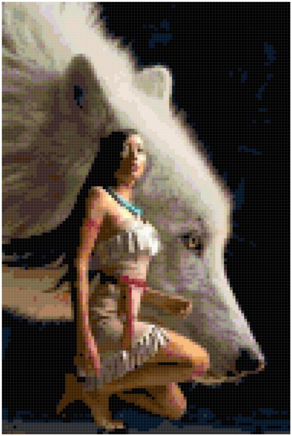 This pattern is that of a face of a white wolf as its background and a Cherokee beauty in the center of the foreground. The pattern calls for about 75 colors of DMC Floss.