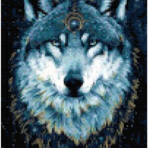 This pattern is of a wolf that has a meditative charm in it's forehead . The pattern calls for about 85 colors of DMC Floss.