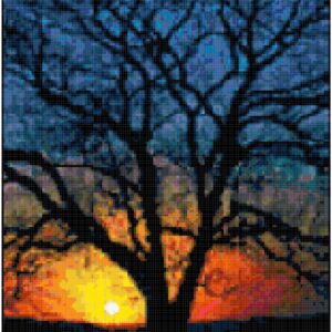 This pattern is of a tree lit up by a gorgeous sunset. The pattern calls for about 90 colors of DMC Floss.