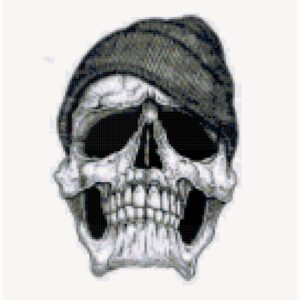 A digital representation of the finished cross stitch pattern, showcasing a detailed skull sporting a cozy hoodie. The design is rendered in a grid of colorful squares, providing a clear visualization of the stitched image.