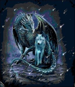 Counted Cross Stitch Pattern-Strange Bedfellows-Dragon and Wolf - Fantasy - PDF Instant Download - Friendship - Animals - Mythical Creatures