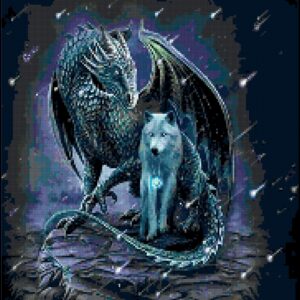 This is a digital rendering of the completed "Dragon and Wolf" cross stitch pattern. As if stitched fabric on 22 count Aida fabric (generated from the program I use to create patterns), the design showcases a majestic blue dragon with its wing protectively draped around a smaller white wolf. The intricate details and vibrant colors bring this fantasy scene to life