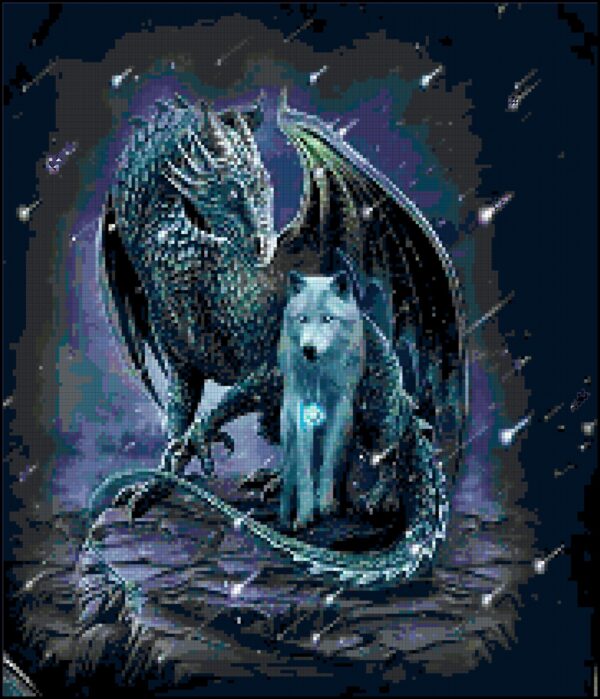 This is a digital rendering of the completed "Dragon and Wolf" cross stitch pattern. As if stitched fabric on 22 count Aida fabric (generated from the program I use to create patterns), the design showcases a majestic blue dragon with its wing protectively draped around a smaller white wolf. The intricate details and vibrant colors bring this fantasy scene to life